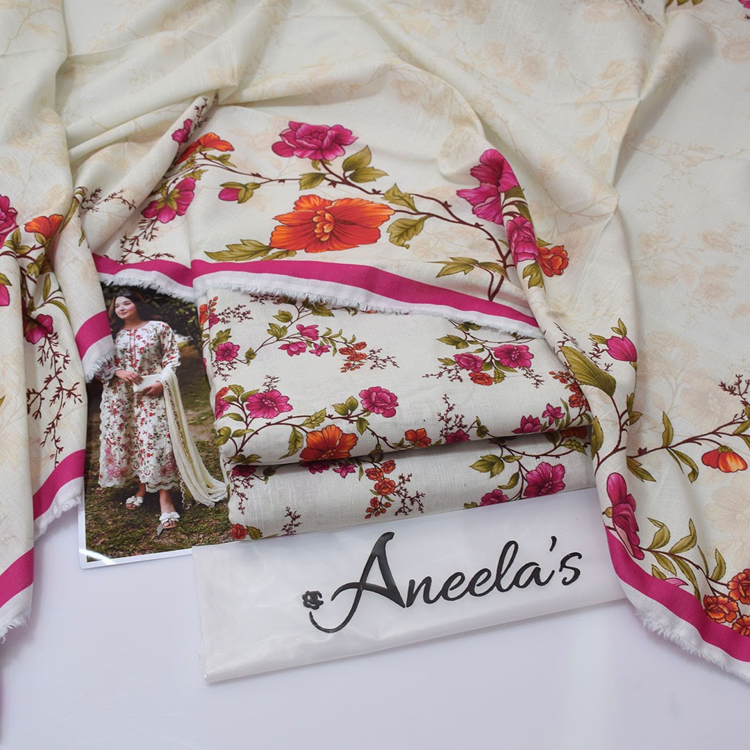 Aneela's Collection Ivory Blush Digital Printed Khaddar 3 Piece Unstitched Suit - back view