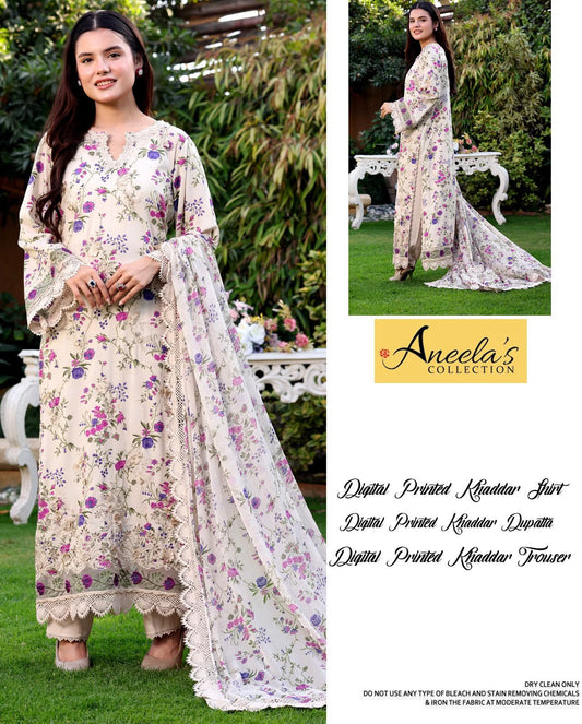 Aneela's Collection Ivory Lilac Digital Printed Khaddar 3 Piece Unstitched Suit - front view