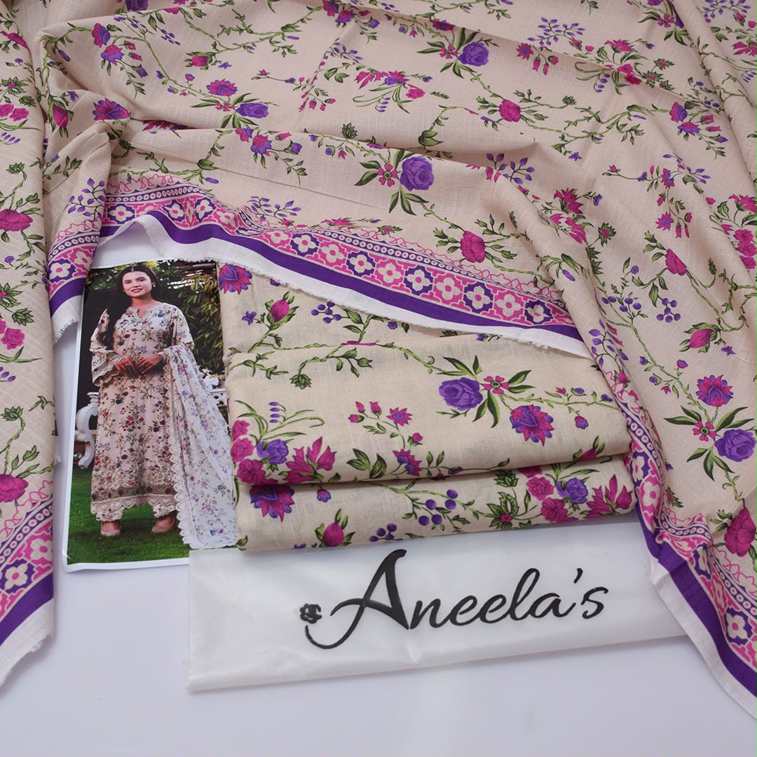 Aneela's Collection Ivory Lilac Digital Printed Khaddar 3 Piece Unstitched Suit - back view