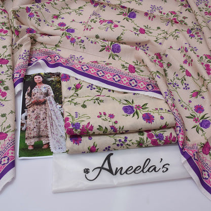 Aneela's Collection Ivory Lilac Digital Printed Khaddar 3 Piece Unstitched Suit - back view