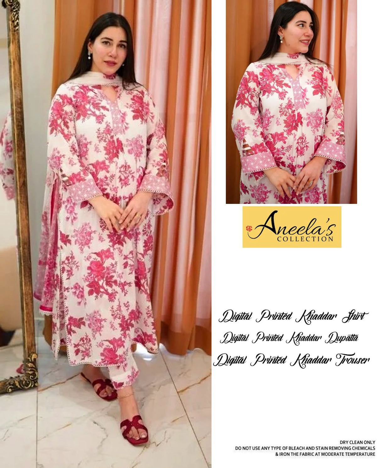 Aneela's Collection Ivory Rose Digital Printed Khaddar 3 Piece Unstitched Suit - front view