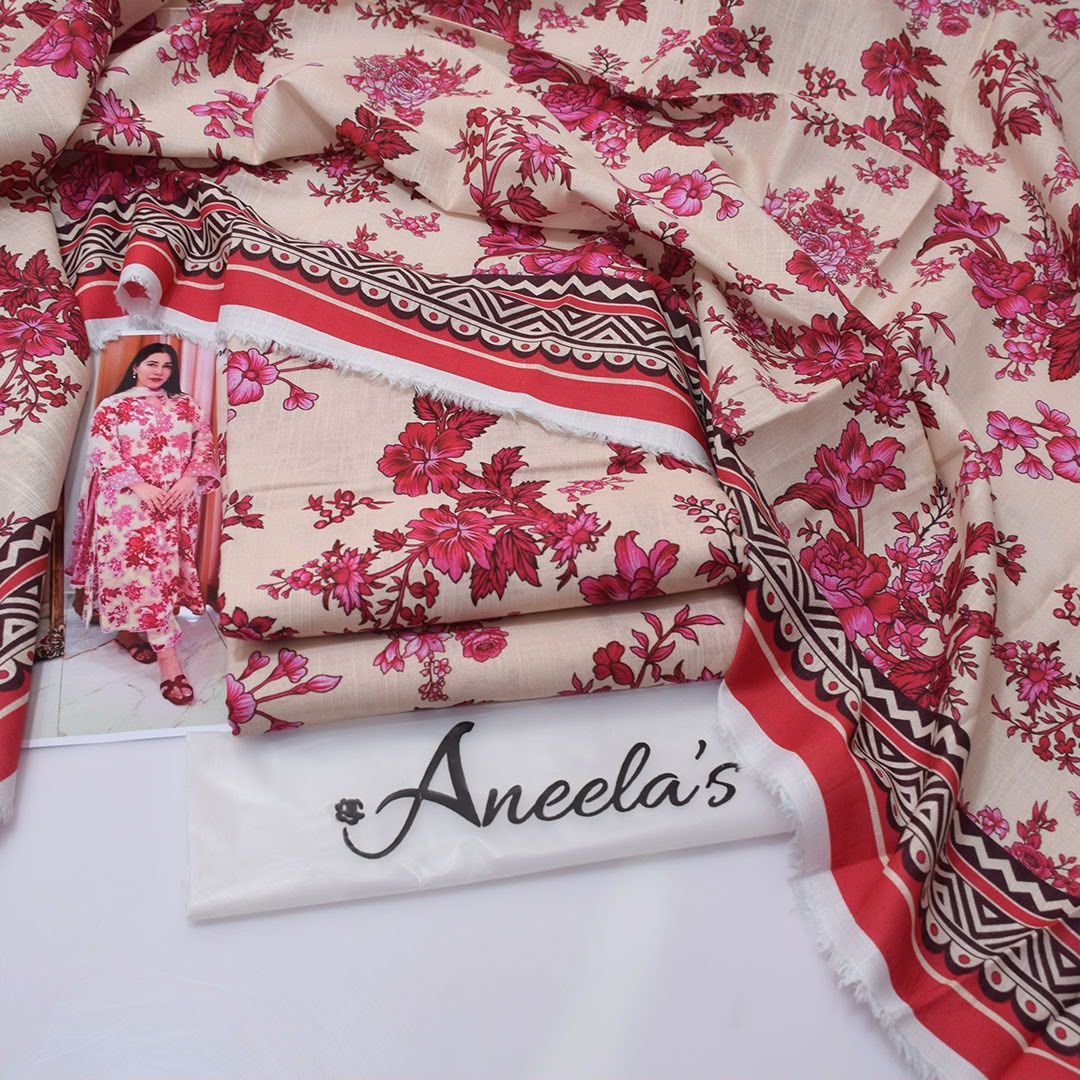 Aneela's Collection Ivory Rose Digital Printed Khaddar 3 Piece Unstitched Suit - back view