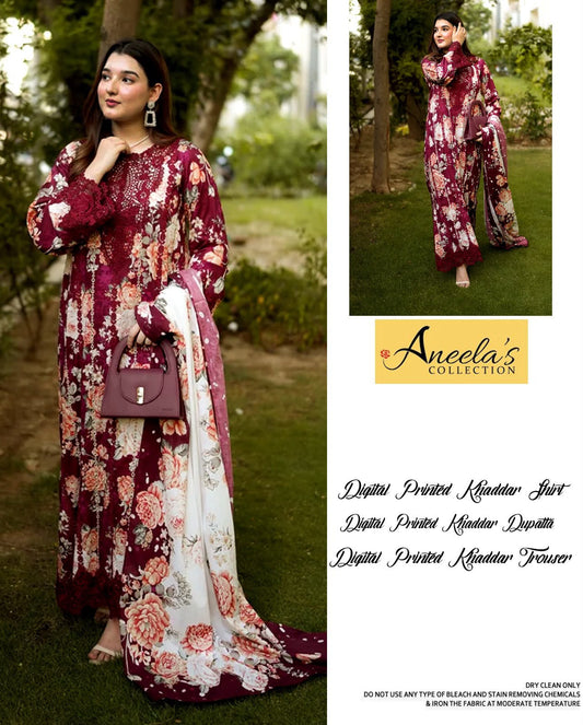 Aneela's Collection Maroon Wine Digital Printed Khaddar 3 Piece Unstitched Suit - front view