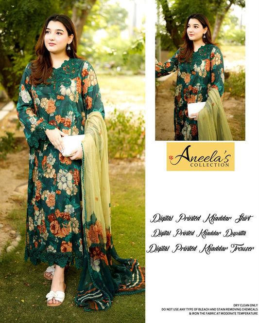 Aneela's Collection Mint Green Digital Printed Khaddar 3 Piece Unstitched Suit - front view