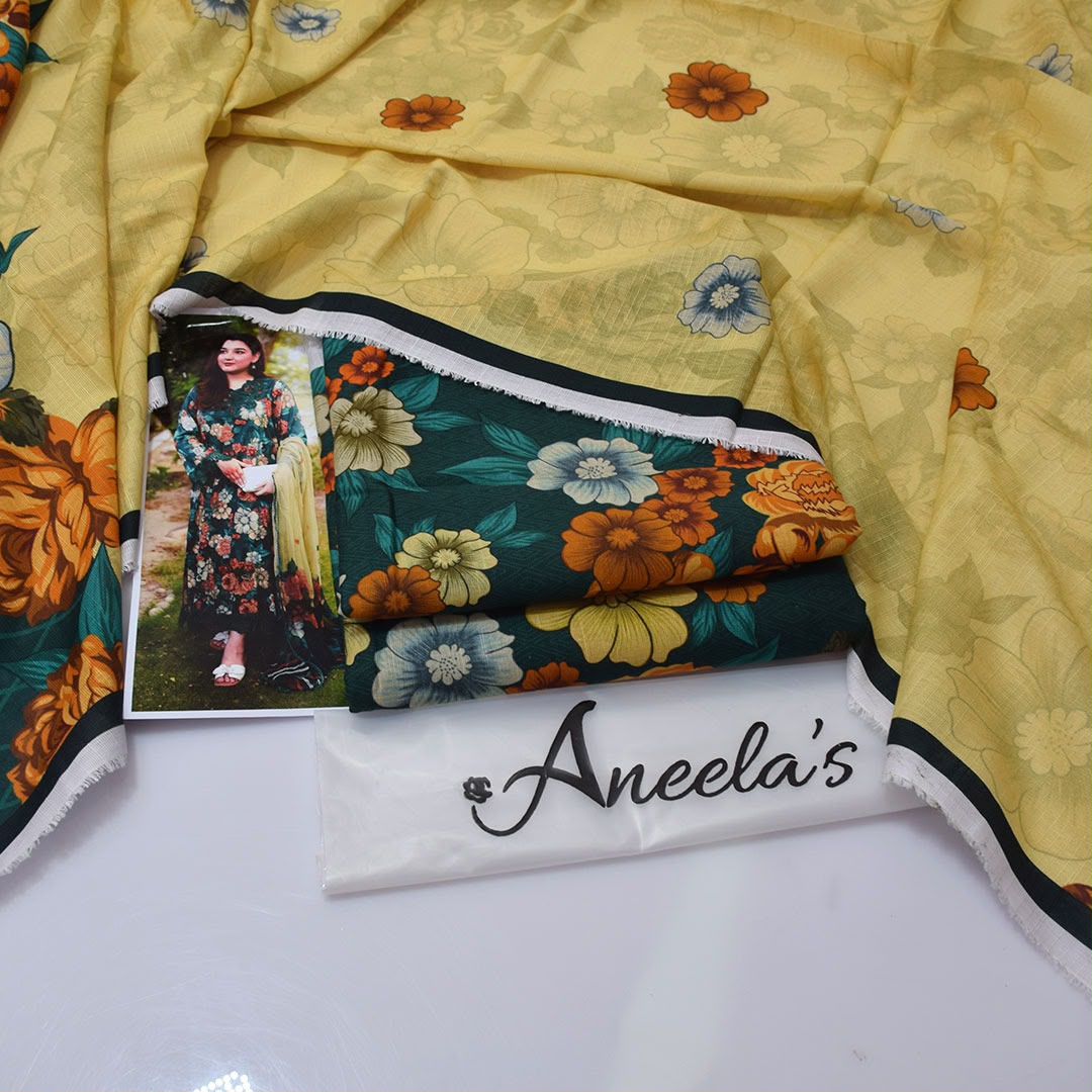 Aneela's Collection Mint Green Digital Printed Khaddar 3 Piece Unstitched Suit - back view