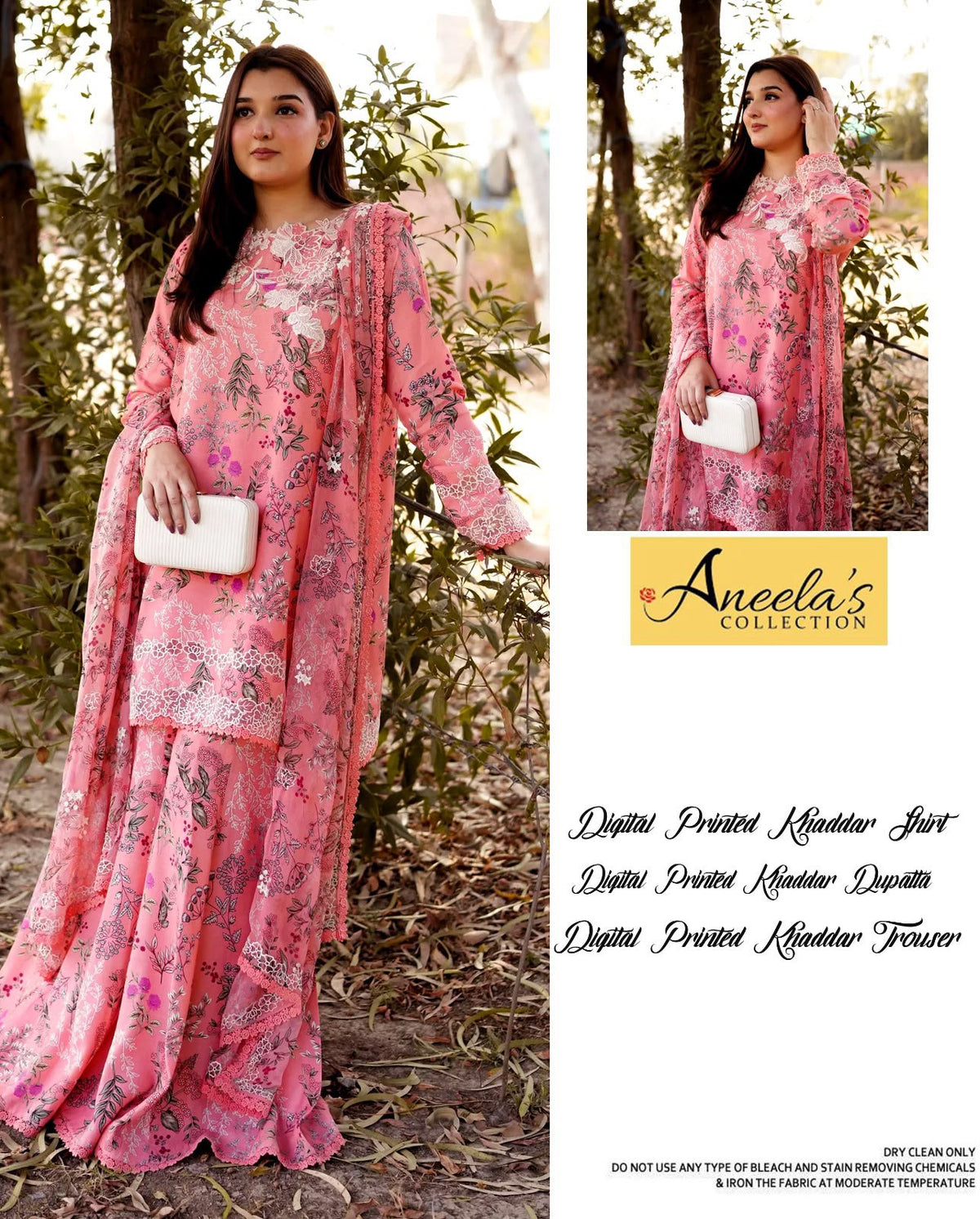 Aneela's Collection Peach Pink Digital Printed Khaddar 3 Piece Unstitched Suit - front view