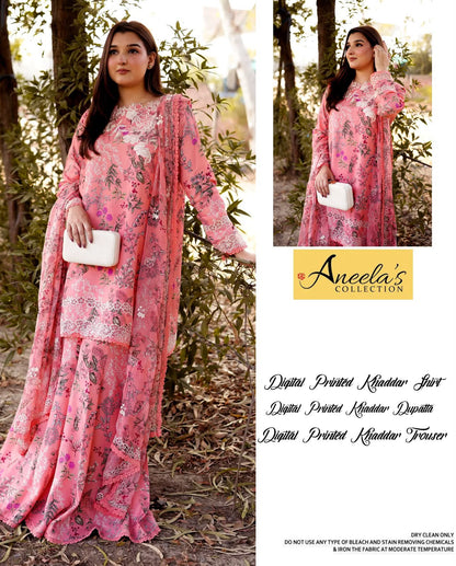Aneela's Collection Peach Pink Digital Printed Khaddar 3 Piece Unstitched Suit - front view