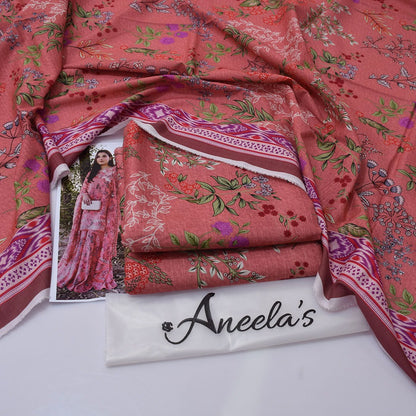 Aneela's Collection Peach Pink Digital Printed Khaddar 3 Piece Unstitched Suit - back view