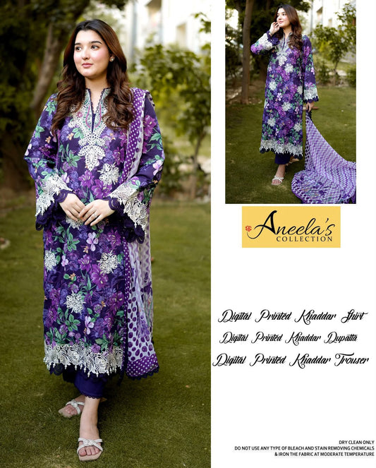 Aneela's Collection Purple Violet Digital Printed Khaddar 3 Piece Unstitched Suit - front view