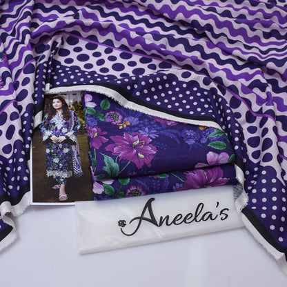Aneela's Collection Purple Violet Digital Printed Khaddar 3 Piece Unstitched Suit - back view