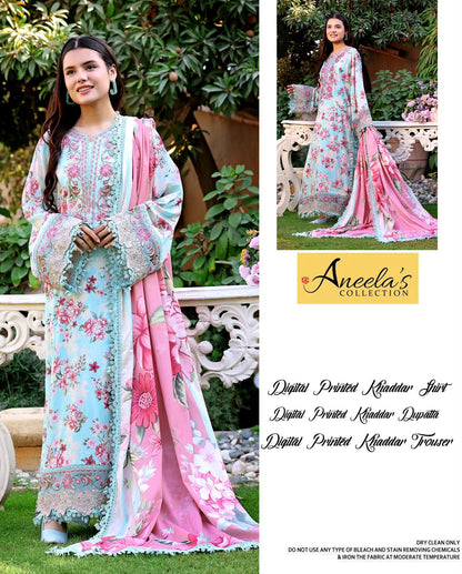 Aneela's Collection Sky Blue Pink Digital Printed Khaddar 3 Piece Unstitched Suit - front view