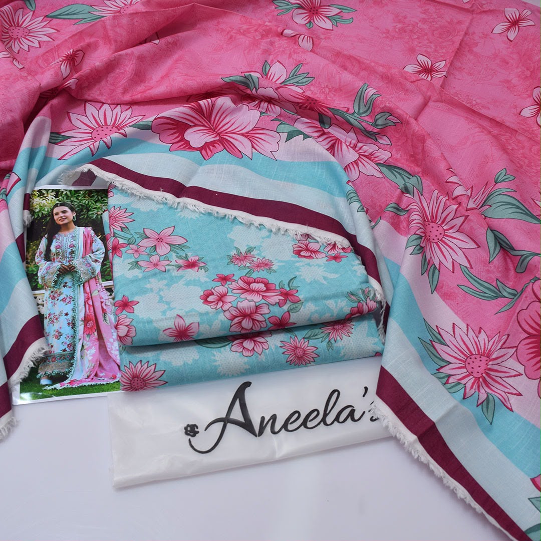Aneela's Collection Sky Blue Pink Digital Printed Khaddar 3 Piece Unstitched Suit - back view