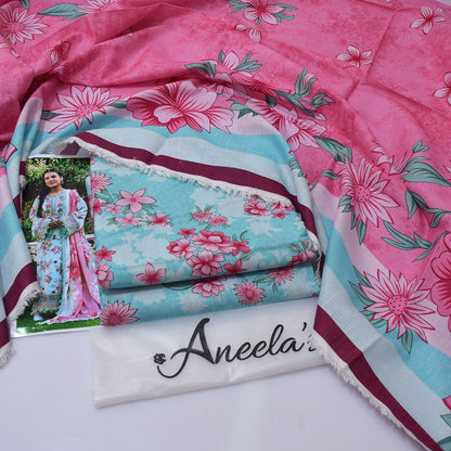 Aneela's Collection Sky Blue Pink Digital Printed Khaddar 3 Piece Unstitched Suit - back view