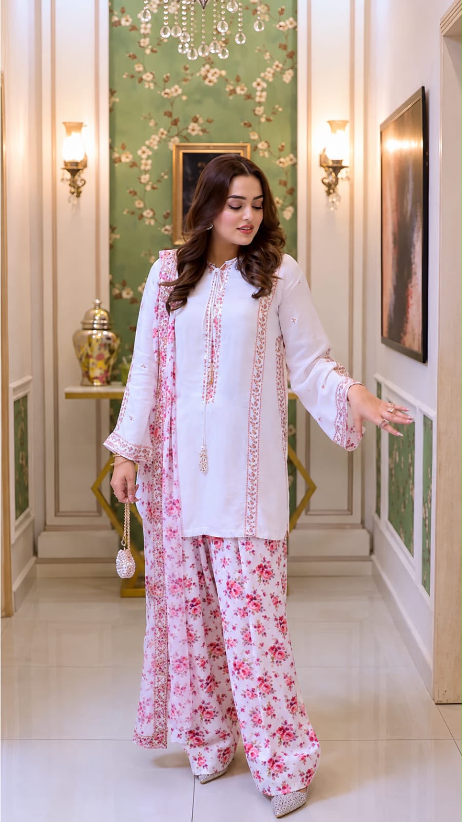 Aneelies Collection White Pink Charmoush Silk Heavy Embroidered Spangle Work 3 Piece Unstitched Suit - front view