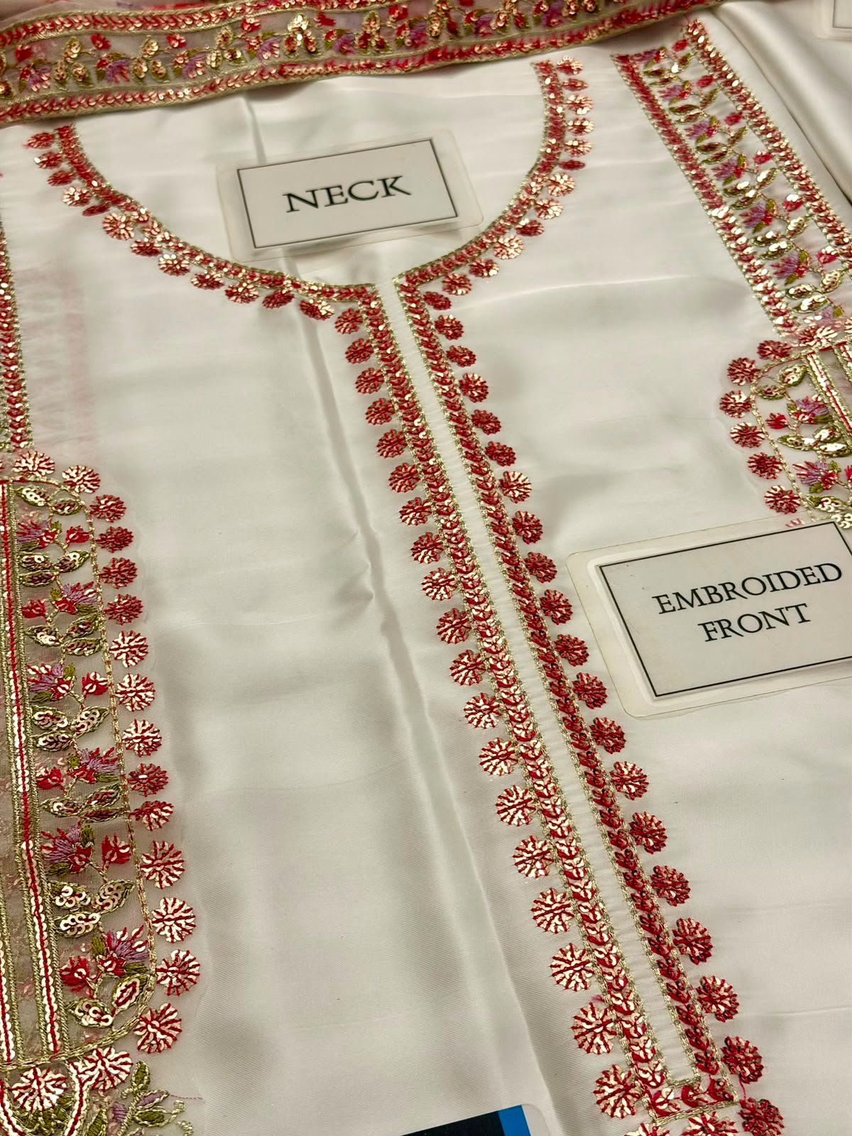 Aneelies Collection White Pink Charmoush Silk Heavy Embroidered Spangle Work 3 Piece Unstitched Suit - back view