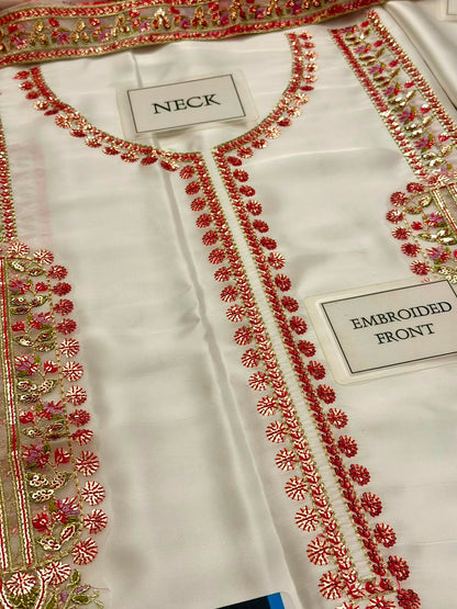 Aneelies Collection White Pink Charmoush Silk Heavy Embroidered Spangle Work 3 Piece Unstitched Suit - back view