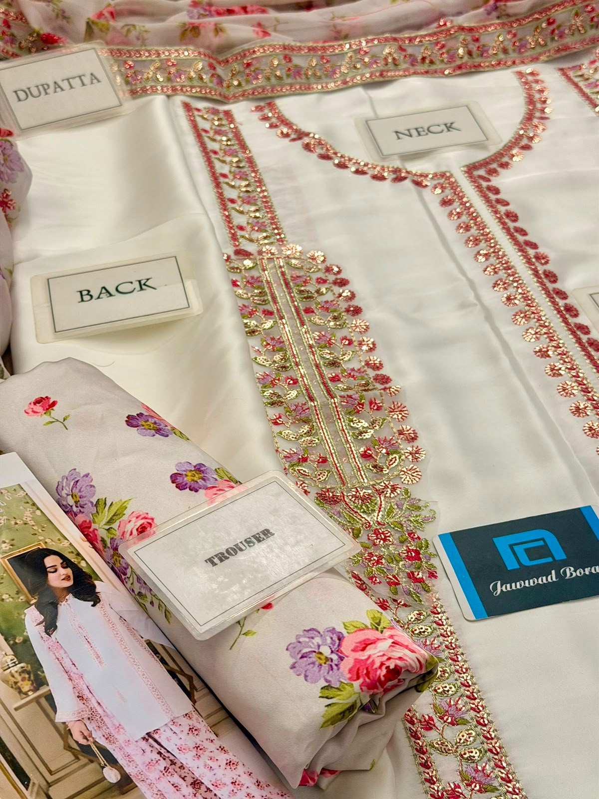 Aneelies Collection White Pink Charmoush Silk Heavy Embroidered Spangle Work 3 Piece Unstitched Suit - side view