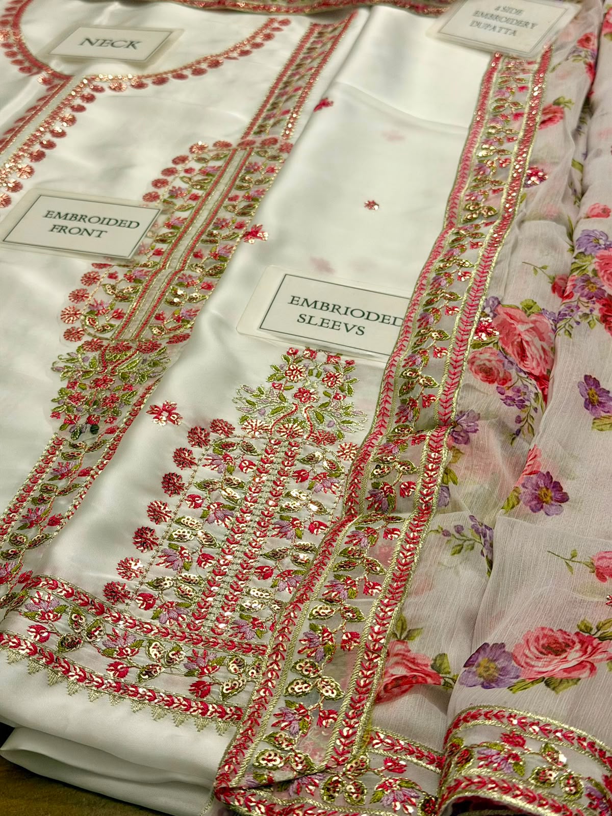 Aneelies Collection White Pink Charmoush Silk Heavy Embroidered Spangle Work 3 Piece Unstitched Suit - detail view