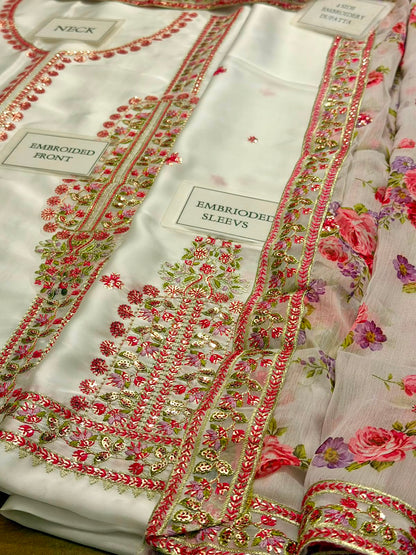 Aneelies Collection White Pink Charmoush Silk Heavy Embroidered Spangle Work 3 Piece Unstitched Suit - detail view