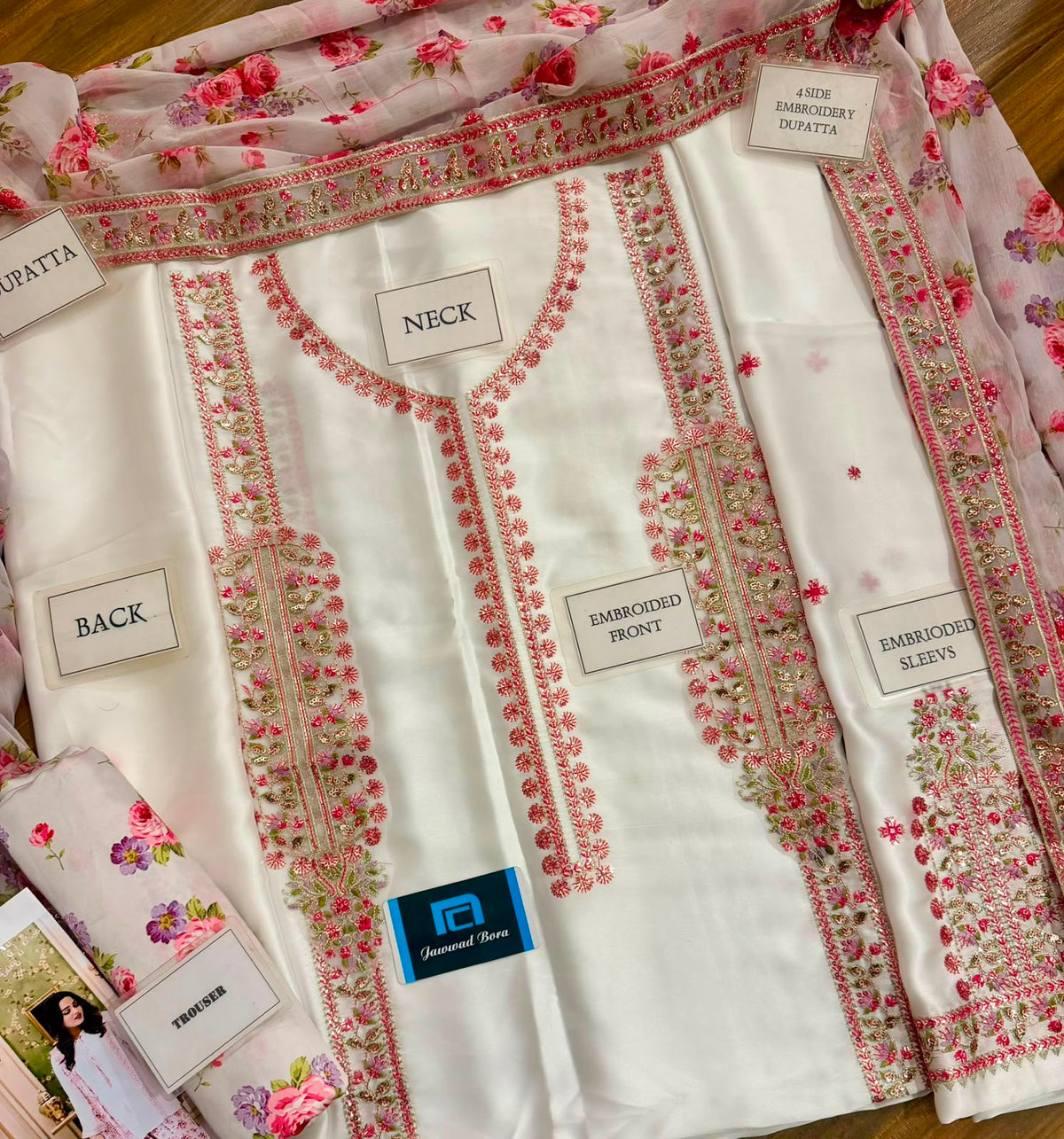 Aneelies Collection White Pink Charmoush Silk Heavy Embroidered Spangle Work 3 Piece Unstitched Suit - fabric closeup