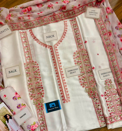 Aneelies Collection White Pink Charmoush Silk Heavy Embroidered Spangle Work 3 Piece Unstitched Suit - fabric closeup