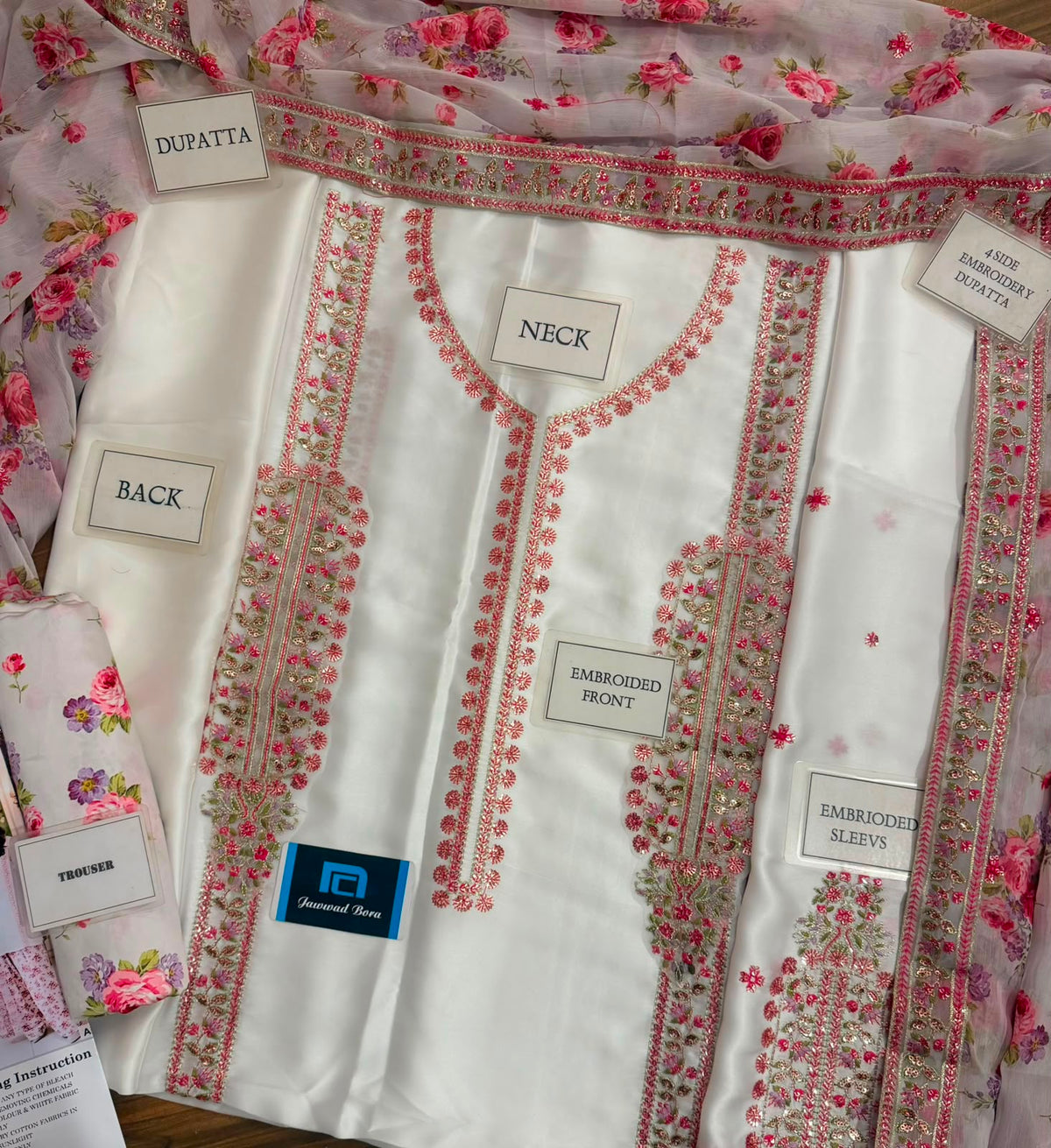 Aneelies Collection White Pink Charmoush Silk Heavy Embroidered Spangle Work 3 Piece Unstitched Suit - styled view