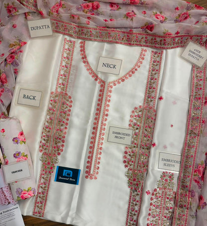 Aneelies Collection White Pink Charmoush Silk Heavy Embroidered Spangle Work 3 Piece Unstitched Suit - styled view