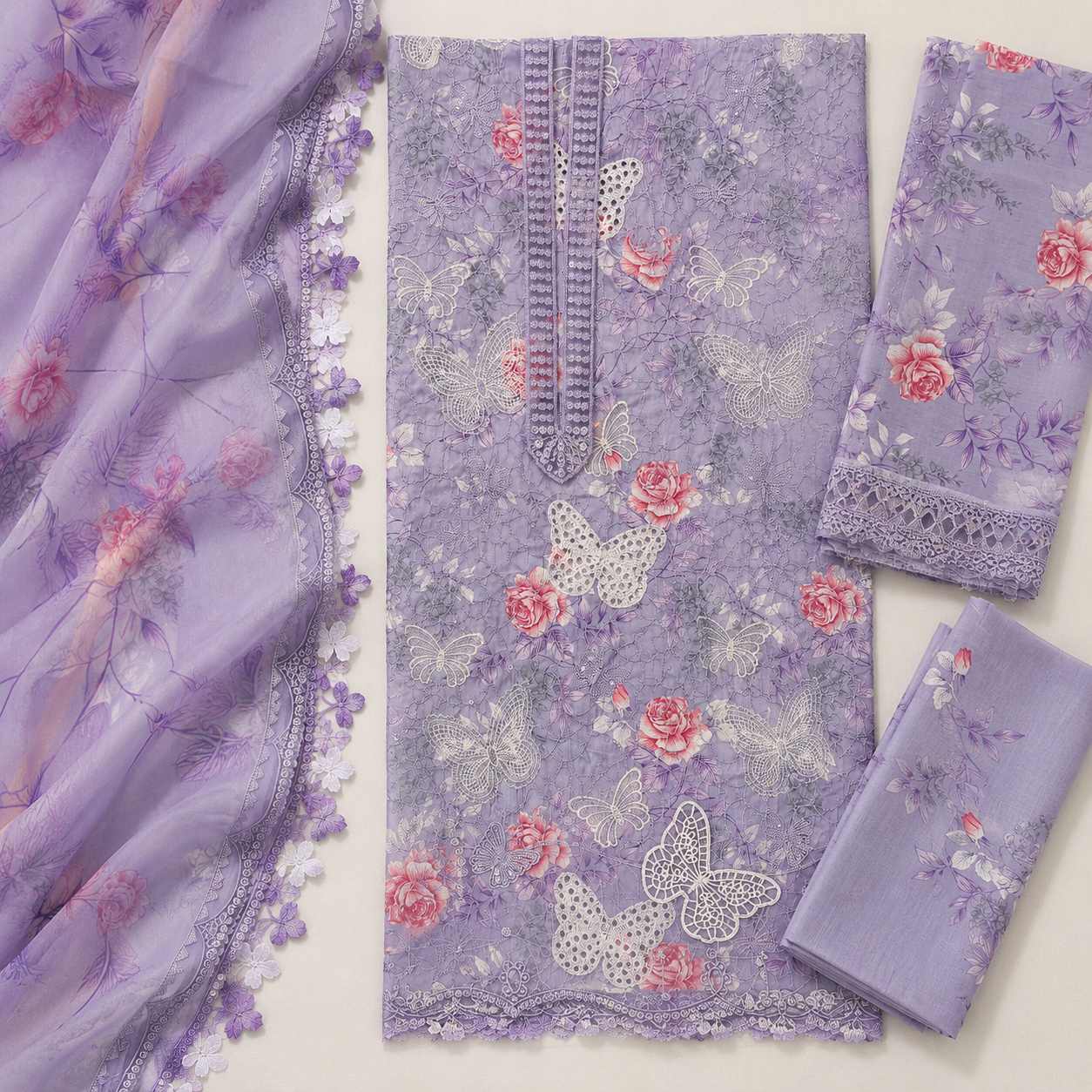 Butterfly Embroidered 3 Piece Unstitched Lawn Chikankari Suit – Lilac – image 3 of 3