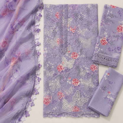 Butterfly Embroidered 3 Piece Unstitched Lawn Chikankari Suit – Lilac – image 3 of 3