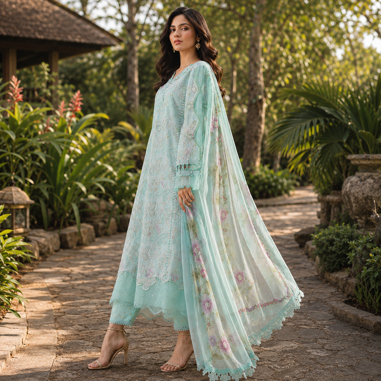 Butterfly Embroidered 3 Piece Unstitched Lawn Chikankari Suit – Mint – image 2 of 3