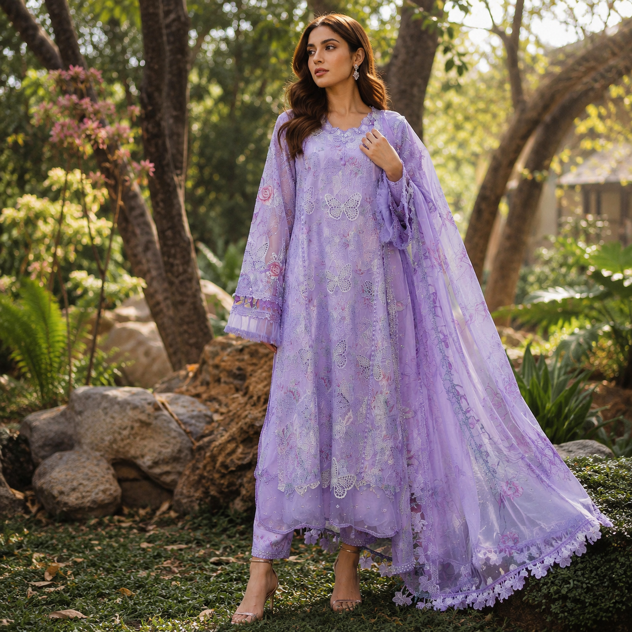 Butterfly Embroidered 3 Piece Unstitched Lawn Chikankari Suit – Lilac – image 1 of 3