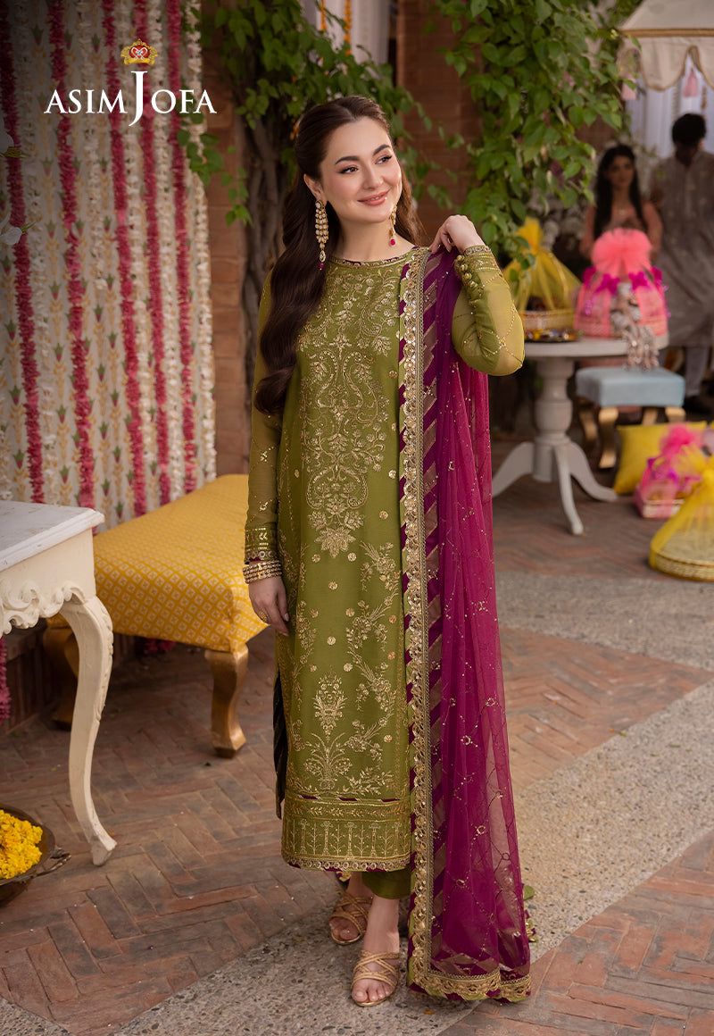 Asim Jofa Olive Green Heavy Embroidered Sequin Chiffon 3 Piece Suit with Satin Silk Trouser - front view