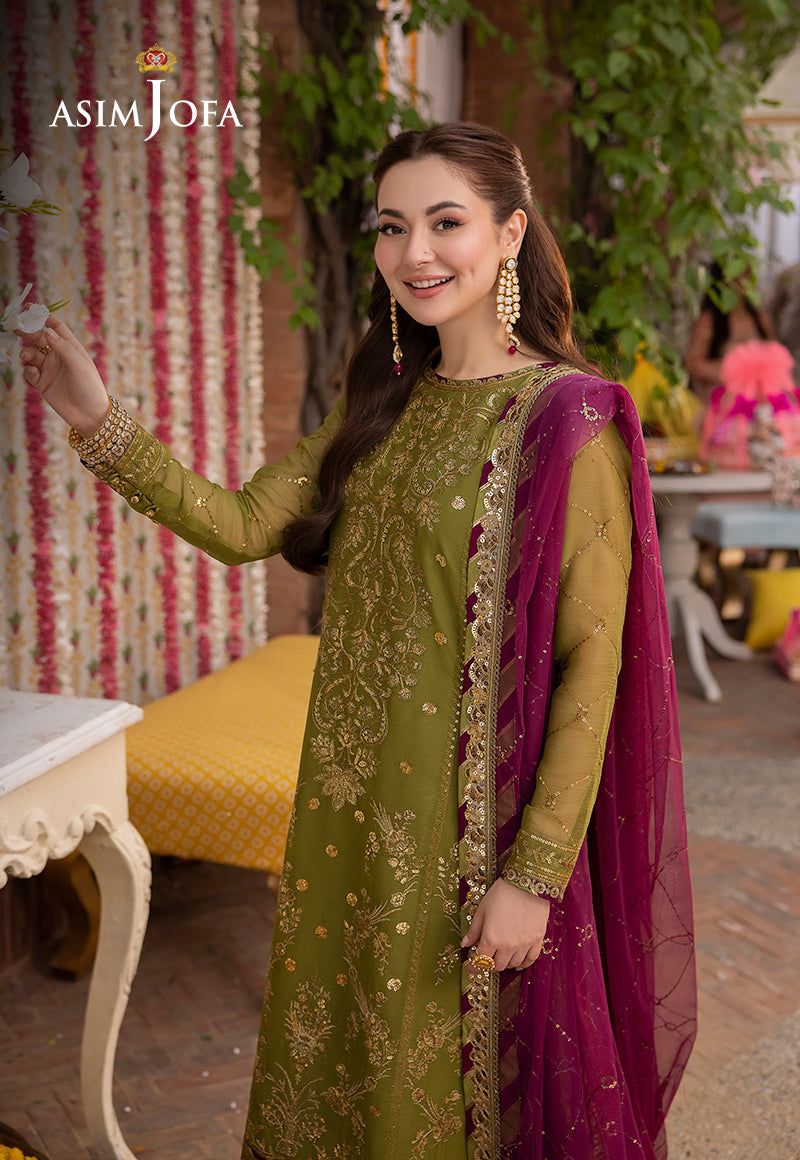 Asim Jofa Olive Green Heavy Embroidered Sequin Chiffon 3 Piece Suit with Satin Silk Trouser - back view
