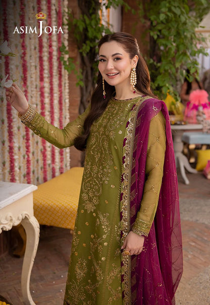 Asim Jofa Olive Green Heavy Embroidered Sequin Chiffon 3 Piece Suit with Satin Silk Trouser - back view