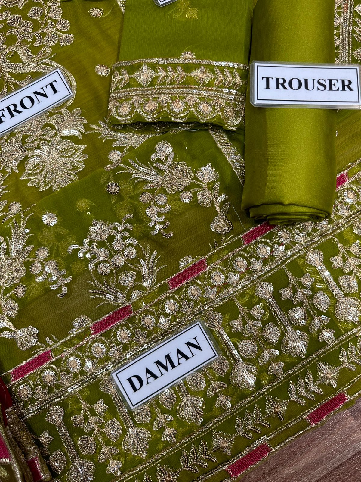 Asim Jofa Olive Green Heavy Embroidered Sequin Chiffon 3 Piece Suit with Satin Silk Trouser - side view
