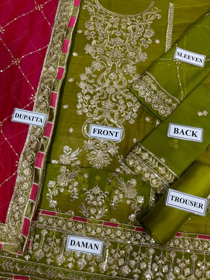 Asim Jofa Olive Green Heavy Embroidered Sequin Chiffon 3 Piece Suit with Satin Silk Trouser - detail view