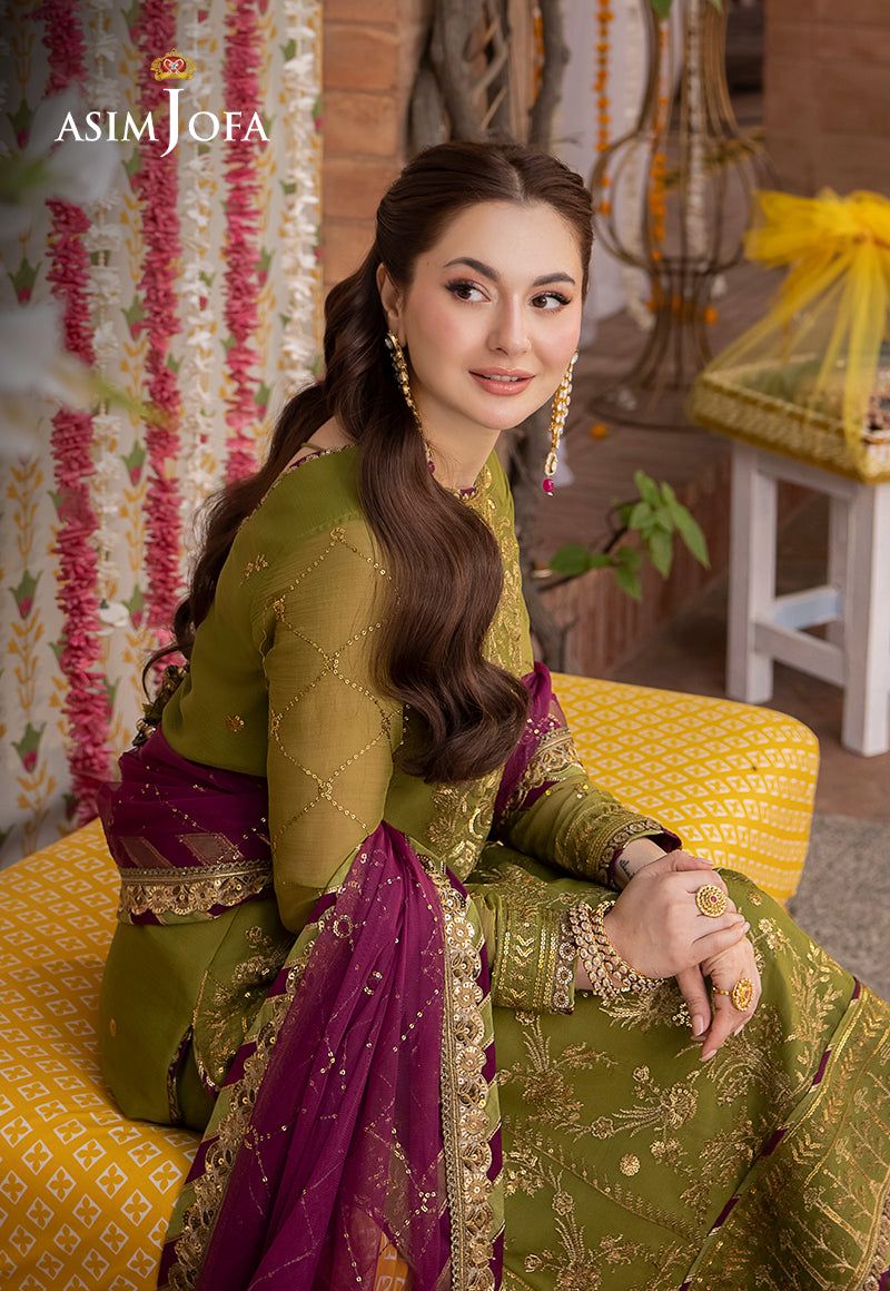 Asim Jofa Olive Green Heavy Embroidered Sequin Chiffon 3 Piece Suit with Satin Silk Trouser - fabric closeup