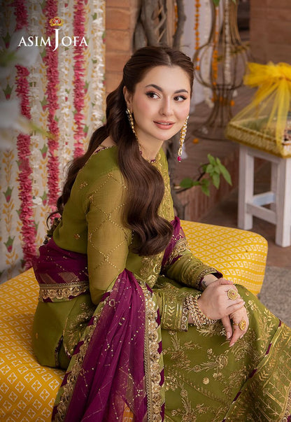 Asim Jofa Olive Green Heavy Embroidered Sequin Chiffon 3 Piece Suit with Satin Silk Trouser - fabric closeup