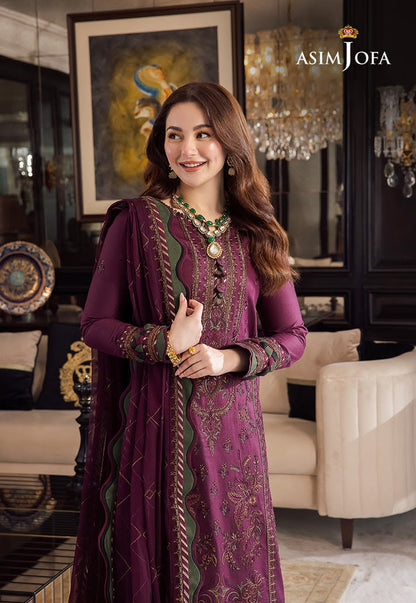 Asim Jofa Wine Purple Dhanak Embroidered Luxury 3 Piece Unstitched Suit - front view