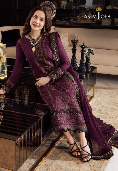 Asim Jofa Wine Purple Dhanak Embroidered Luxury 3 Piece Unstitched Suit - side view