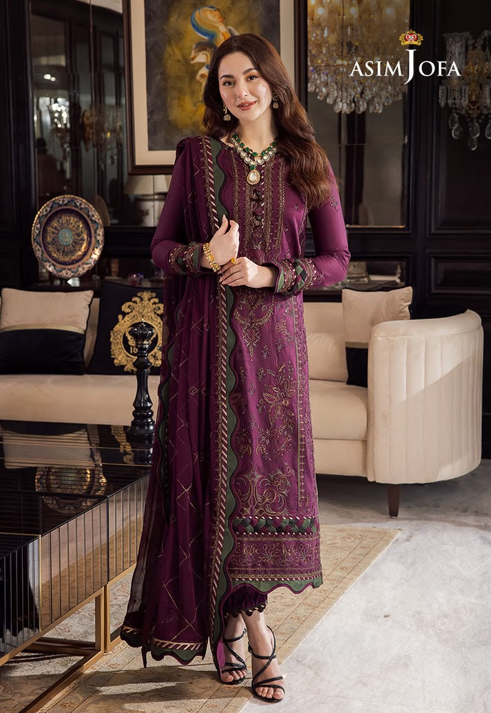 Asim Jofa Wine Purple Dhanak Embroidered Luxury 3 Piece Unstitched Suit - detail view