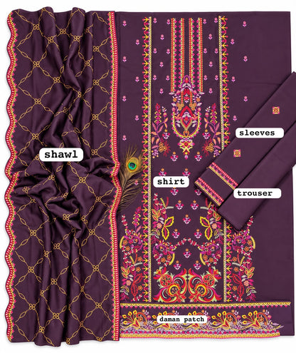 Asim Jofa Wine Purple Dhanak Embroidered Luxury 3 Piece Unstitched Suit - fabric closeup