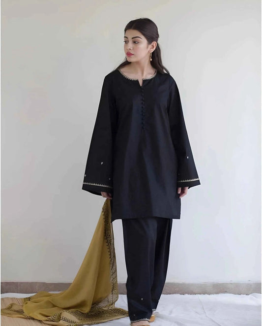 A'SLING Black Yellow Heavy Embroidered Unstitched Dhanak 3 Piece Suit with Digital Printed Shawl – image 1 of 2