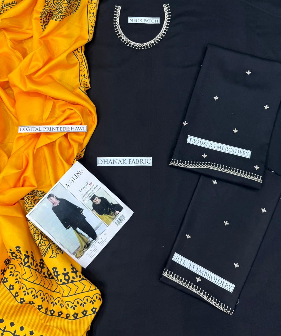 A'SLING Black Yellow Heavy Embroidered Unstitched Dhanak 3 Piece Suit with Digital Printed Shawl – image 2 of 2