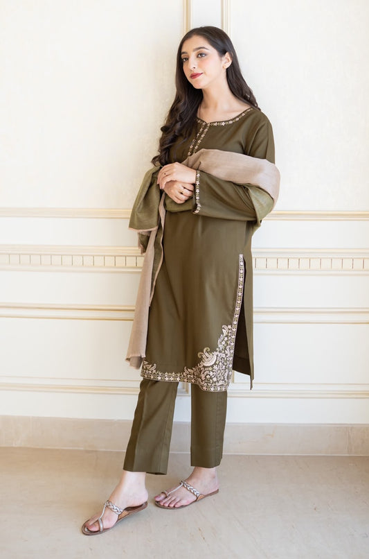 A'SLING Olive Green Heavy Embroidered Unstitched Dhanak 3 Piece Suit with Digital Printed Shawl – image 1 of 3