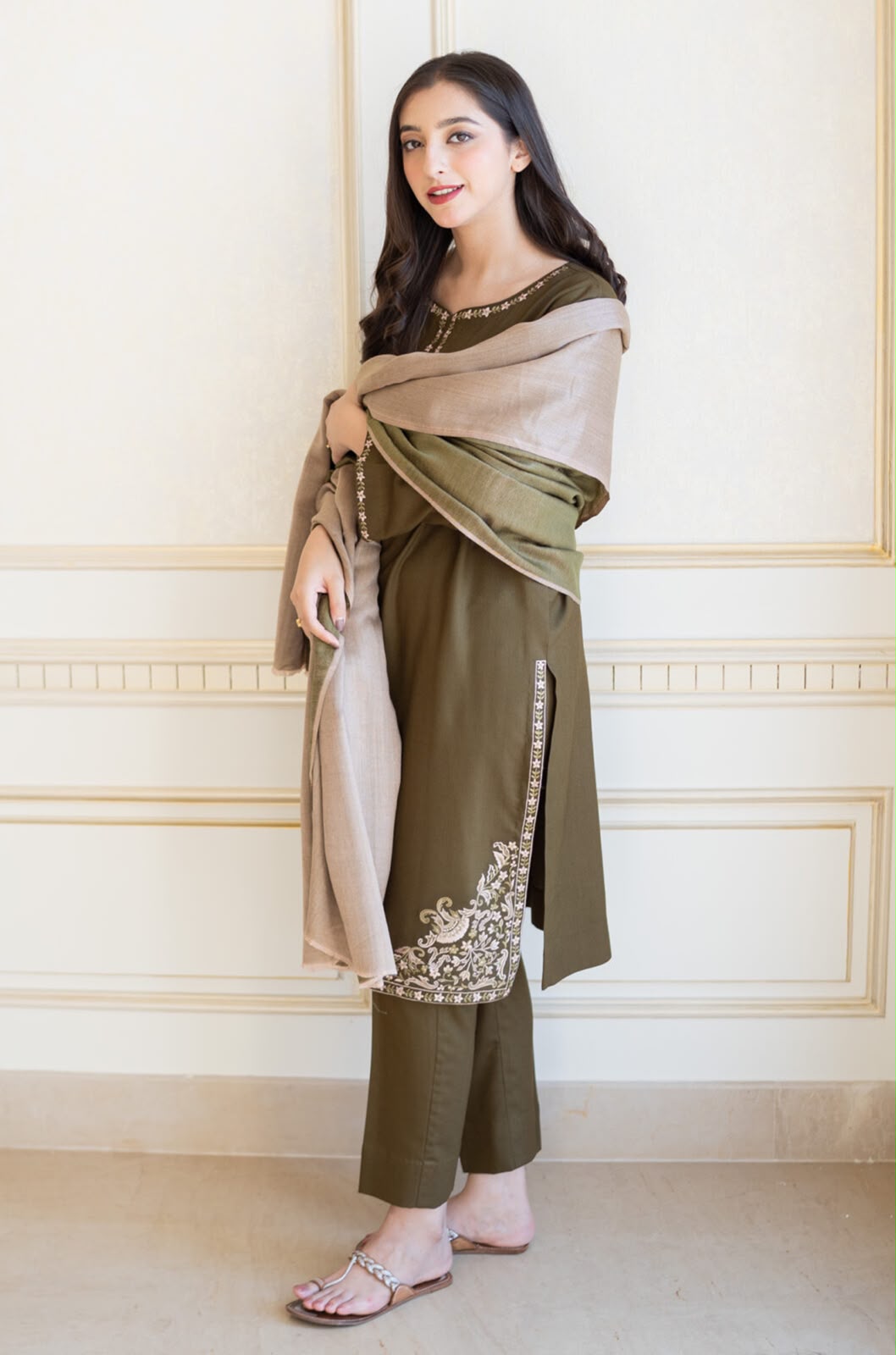 A'SLING Olive Green Heavy Embroidered Unstitched Dhanak 3 Piece Suit with Digital Printed Shawl – image 2 of 3