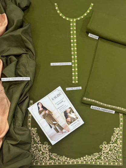 A'SLING Olive Green Heavy Embroidered Unstitched Dhanak 3 Piece Suit with Digital Printed Shawl – image 3 of 3