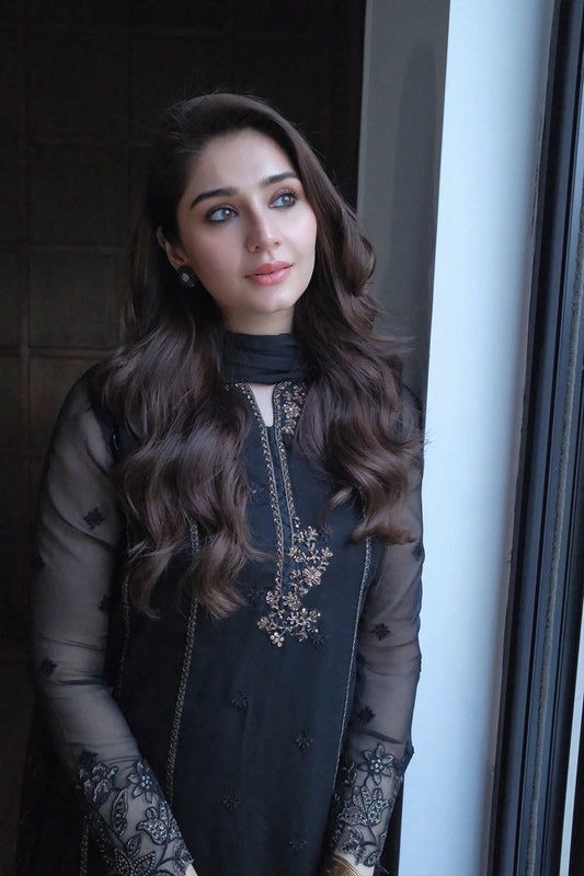 Azure Black Sequin Embellished Unstitched Chiffon Suit – image 1 of 9