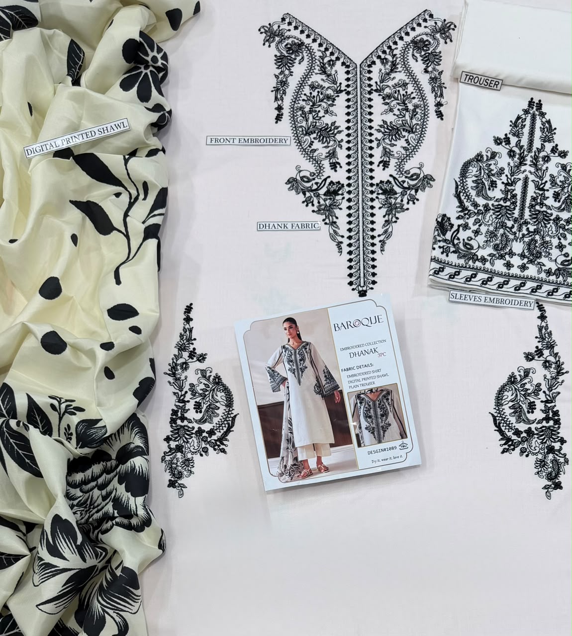BAROQUE Ivory Heavy Embroidered Unstitched Dhanak 3 Piece Suit with Digital Printed Shawl – image 4 of 4