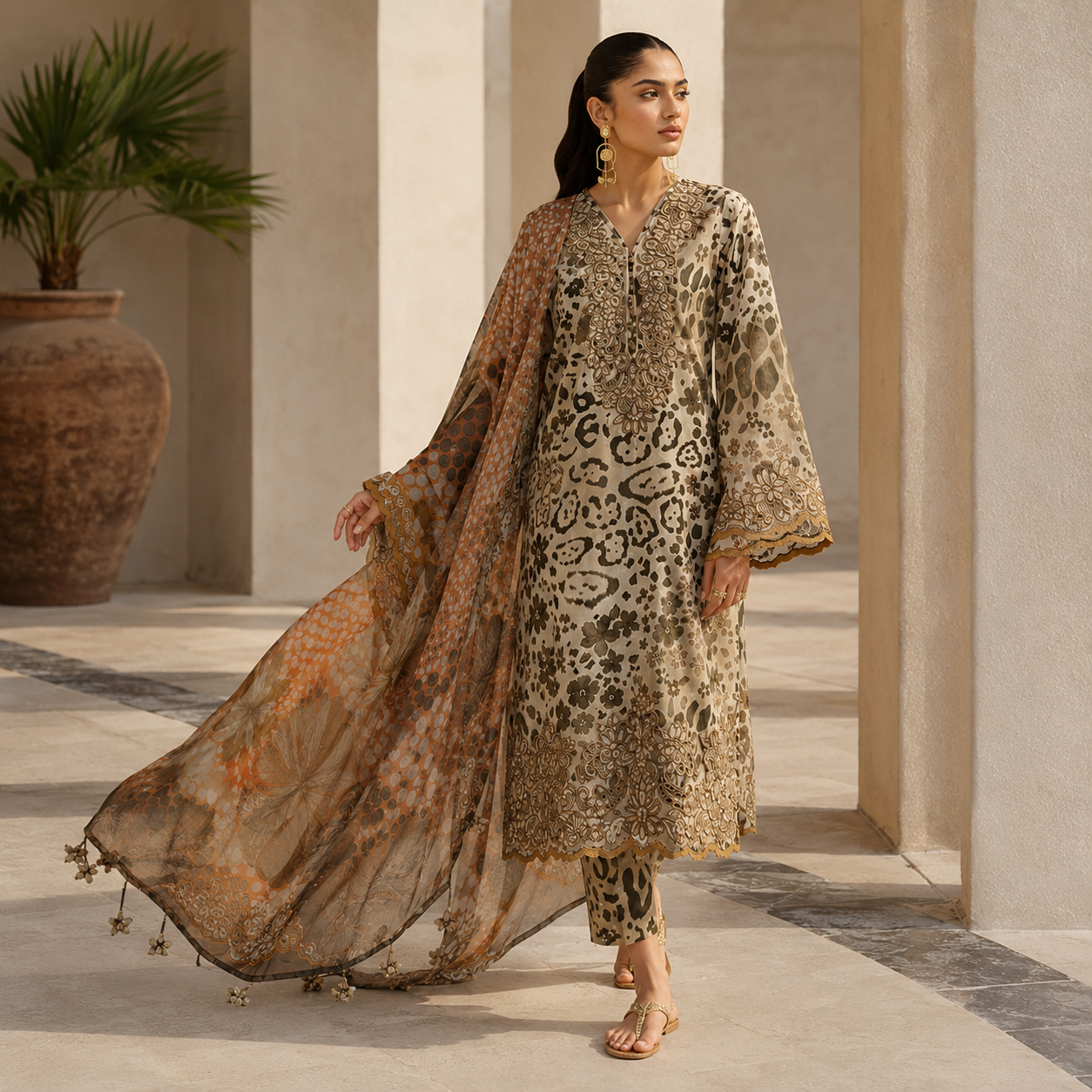 Beige Animal Print Embroidered 3 Piece Unstitched Lawn Suit – image 1 of 3